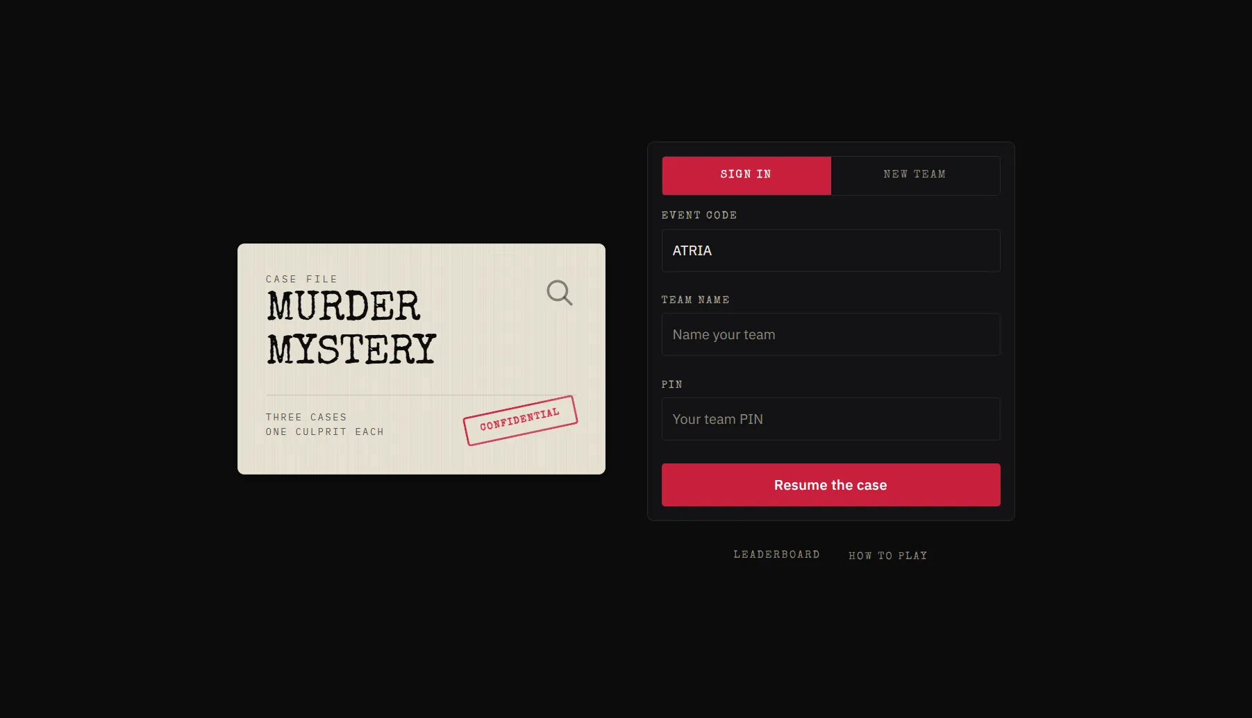The game's landing screen, styled as a confidential case file with a sign-in form.