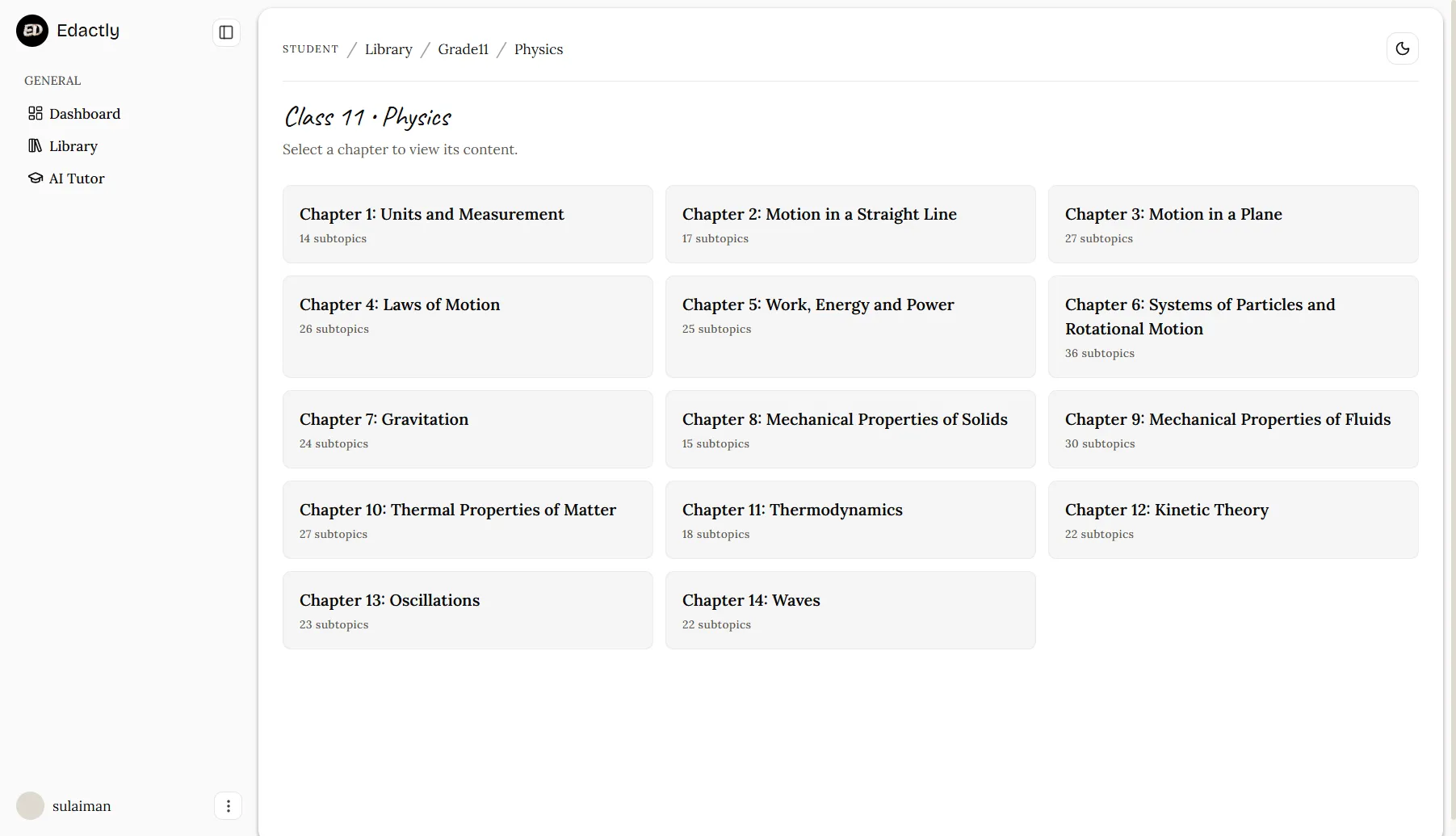 The Edactly content library showing Class 11 Physics with fourteen chapters and subtopic counts.