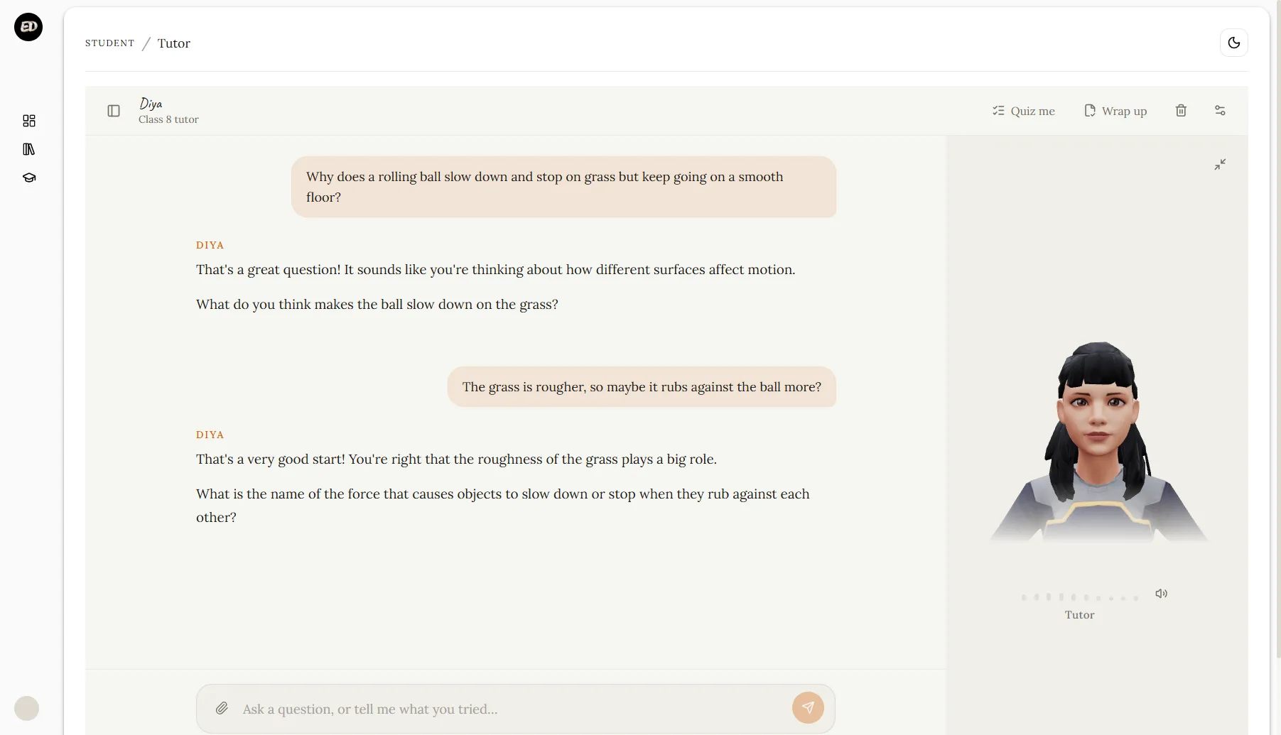 The Edactly AI tutor mid-conversation beside a 3D avatar, answering a physics question with another question.